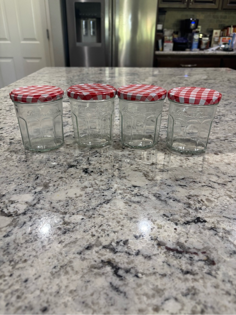 Set of 4 Bonne Maman Glass Jam Jars with Red Gingham Lids